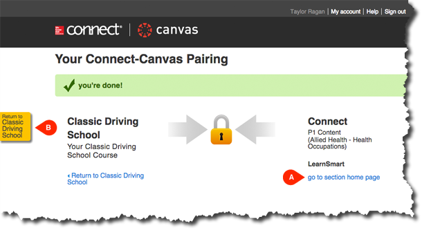 Pairing Confirmation Page with Links to Go back to Canvas or Continue with Connect